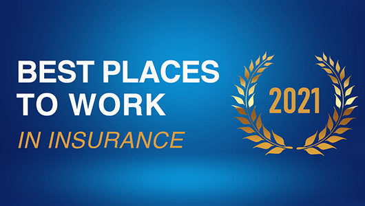 Best Places to Work in Insurance 2021 - gold laurel wreath on blue background