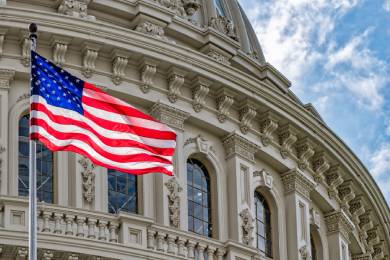 Flag in front of historic building