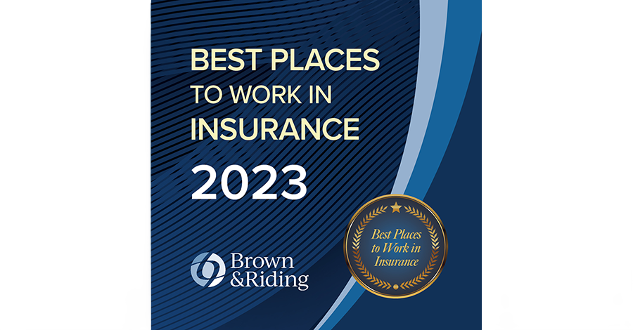 Best Places to Work in Insurance with award seal on blue background